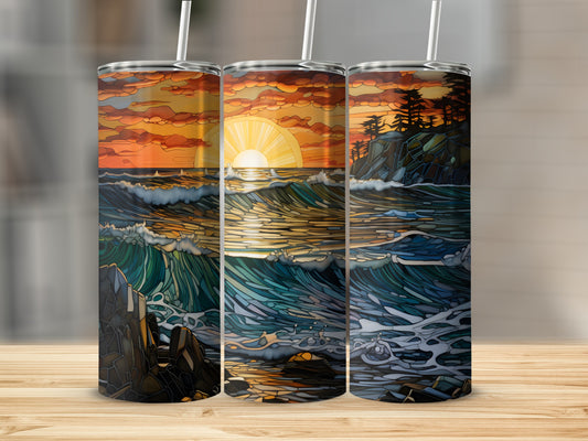 Three tumblers display a stained-glass sunset seascape with waves and rocky shore.
