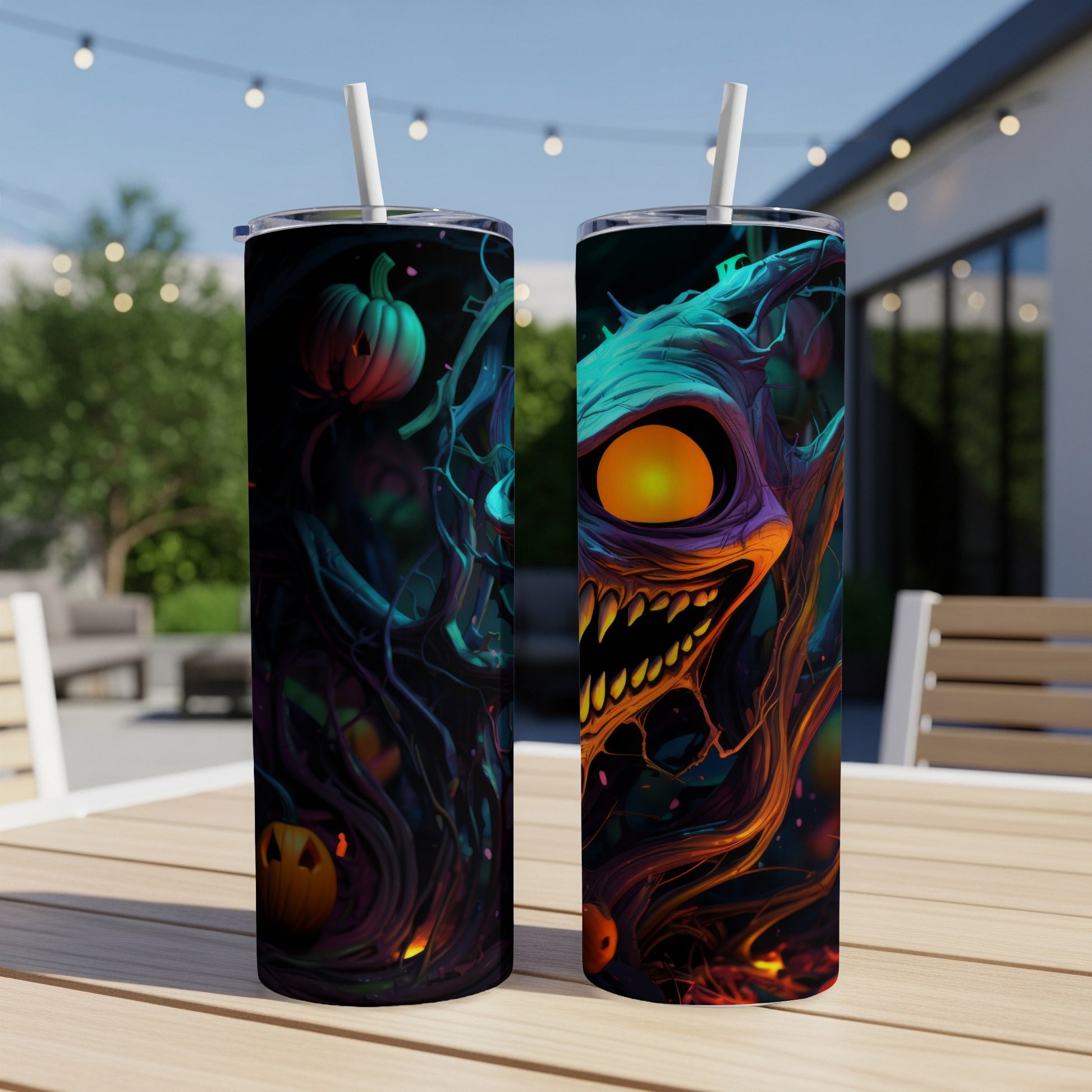 Two tumblers featuring Halloween designs with pumpkins and a monstrous creature.