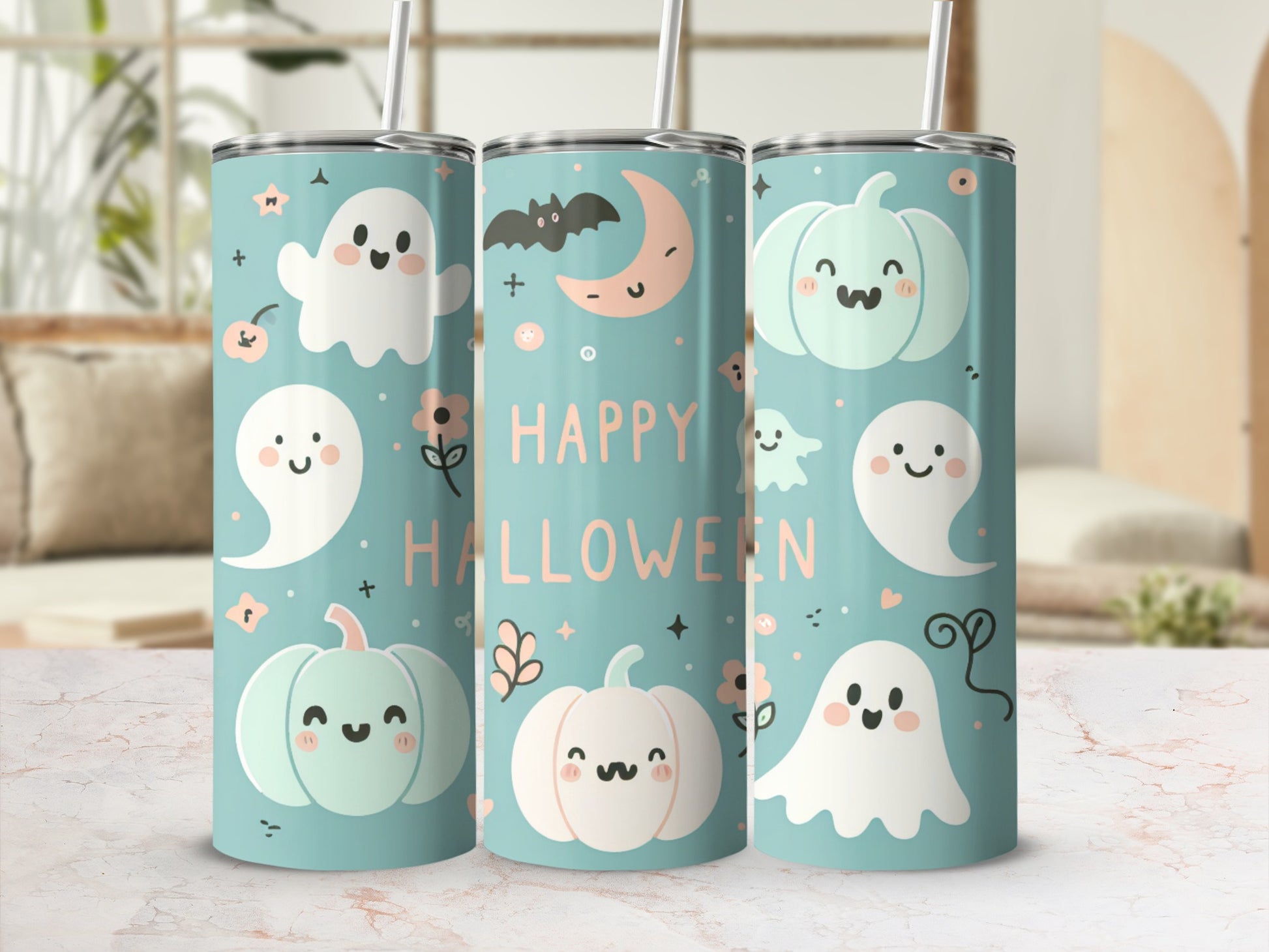 Three tumblers with cute ghosts, pumpkins, a bat, and moon with "Happy Halloween" text.