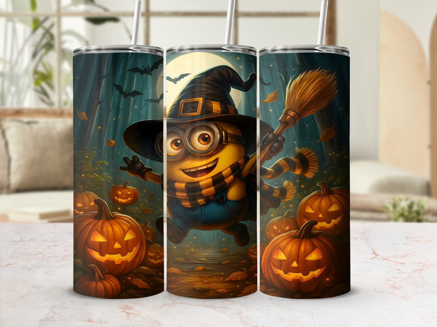 Minion in witch hat with broom surrounded by pumpkins and bats under full moon.