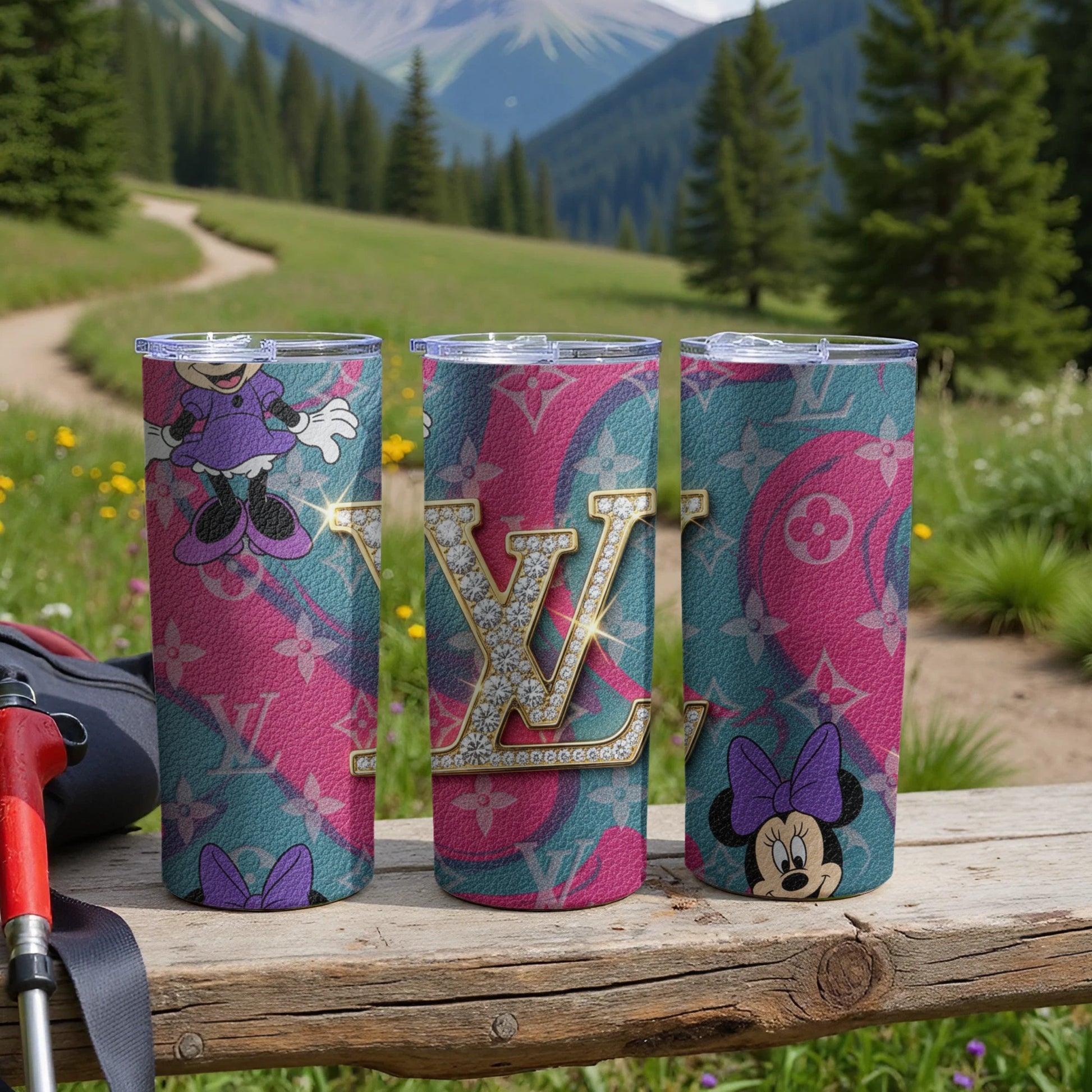 Vibrant Pink and Teal LV Minnie Mouse Tumbler Cups