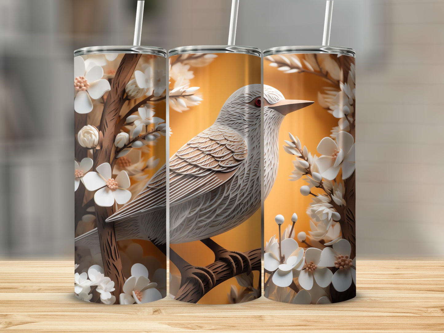Intricate Bird Design White Blossoms Amber Background product type