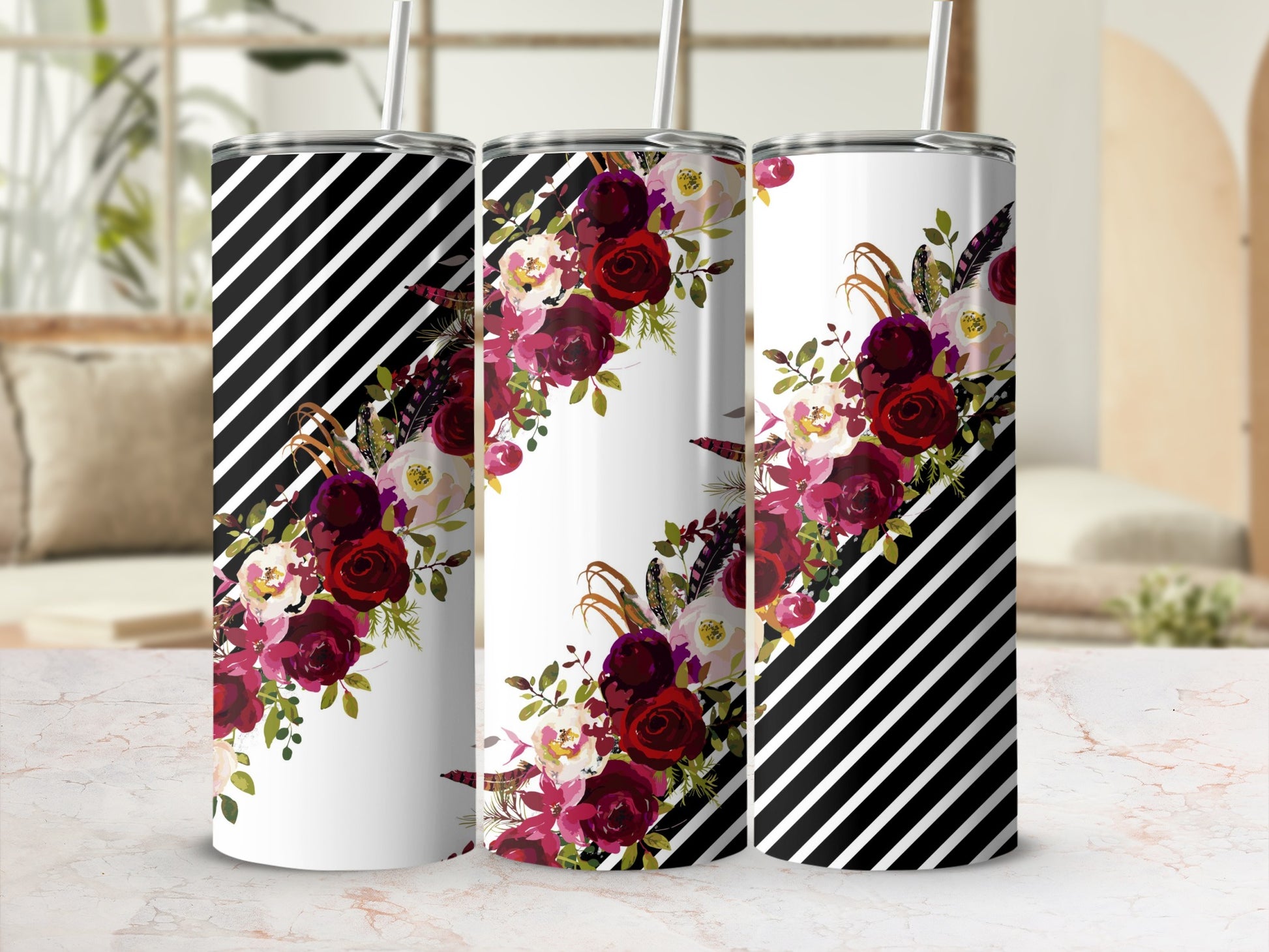 Black and White Striped with Floral Design Tumblr