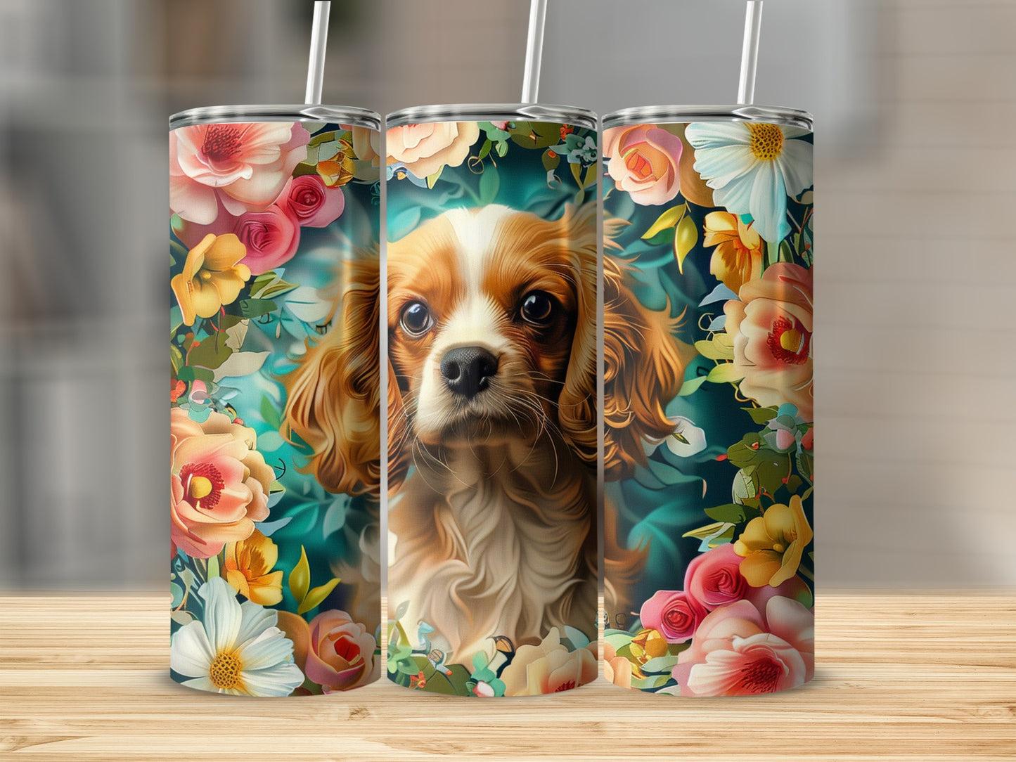 Three tumblers with a Cavalier King Charles Spaniel surrounded by flowers.