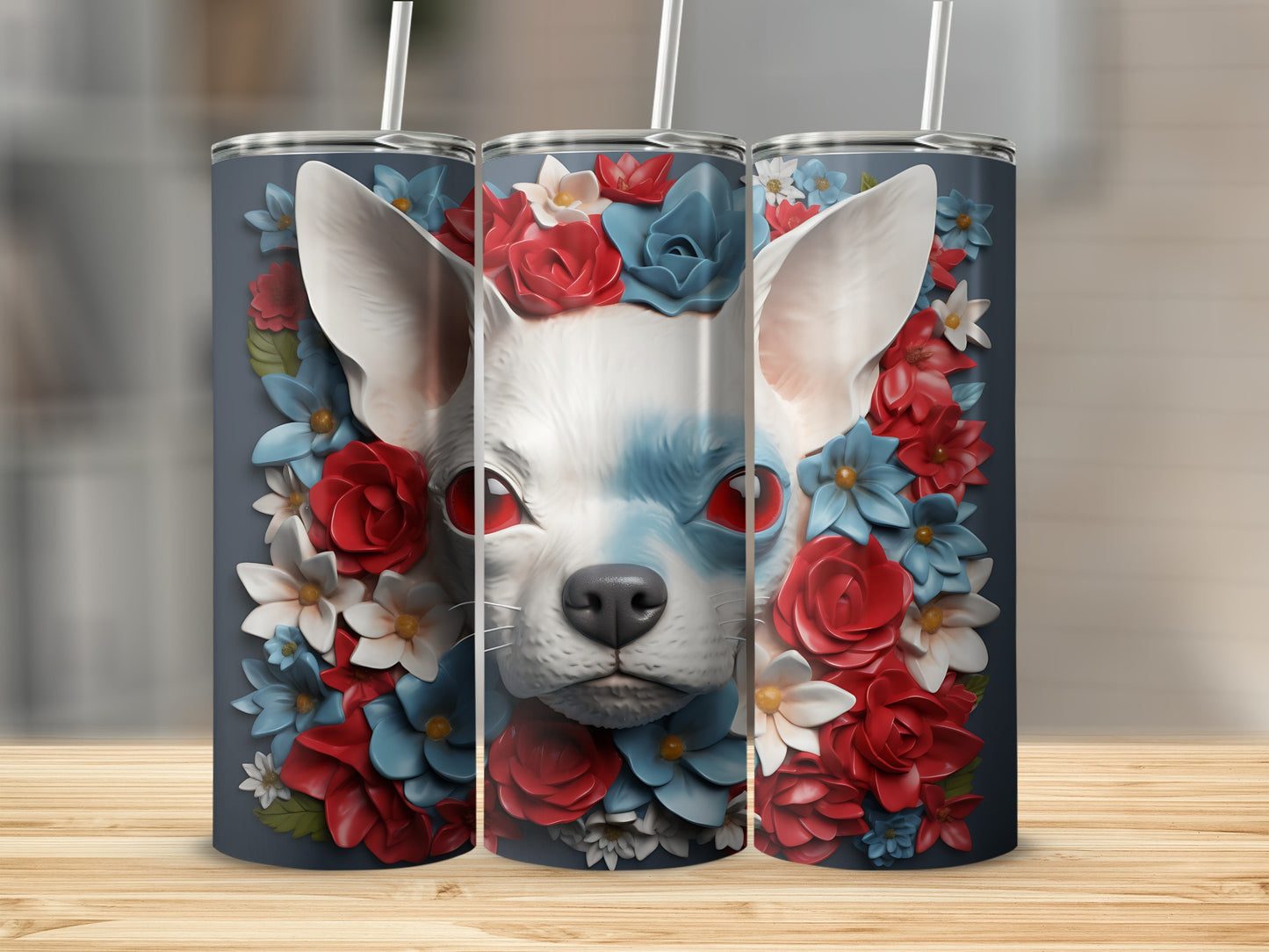 White chihuahua portrait surrounded by red and blue flowers on a cylindrical tumbler.