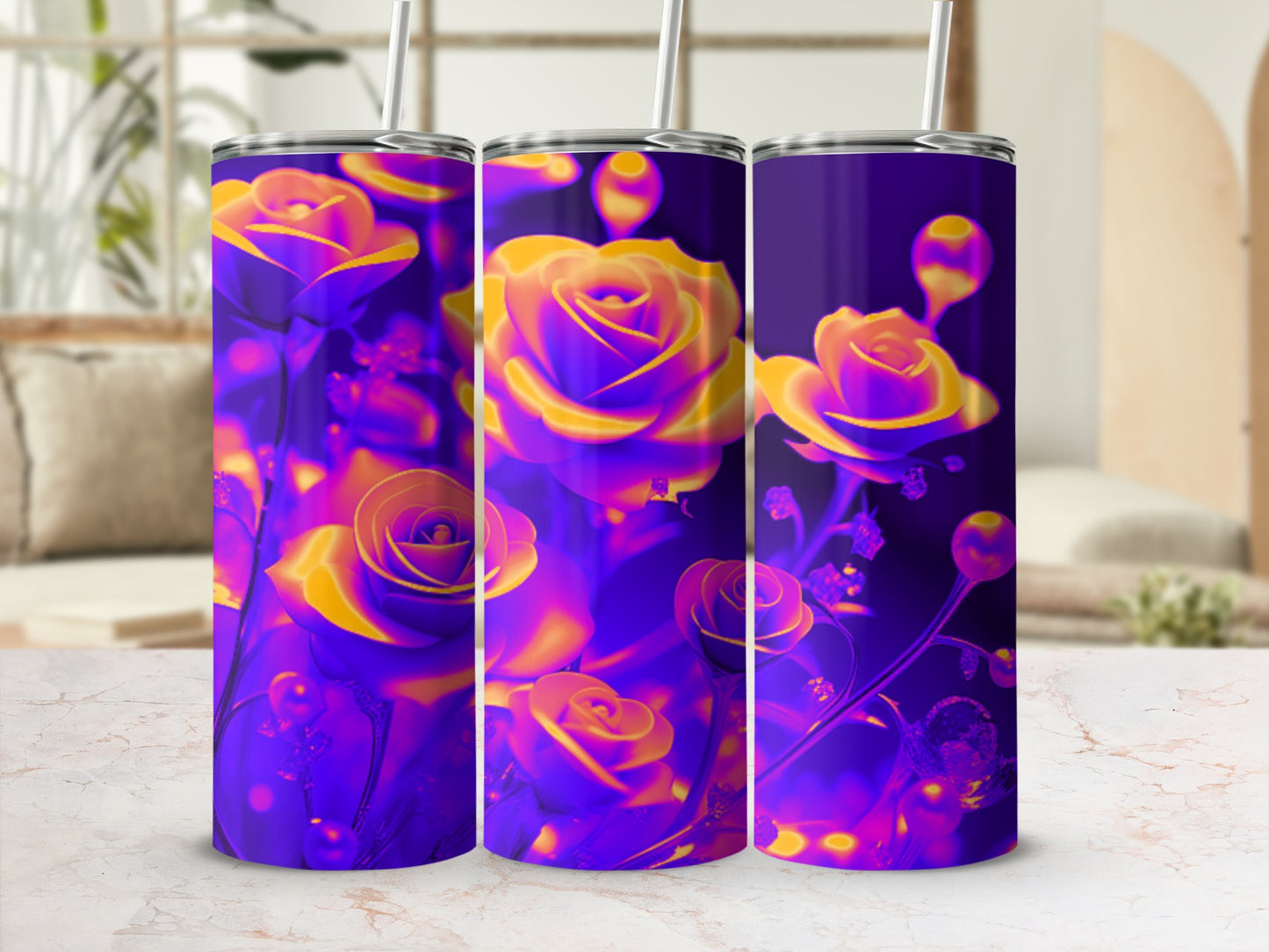 Three tumblers with a purple and yellow floral rose design.