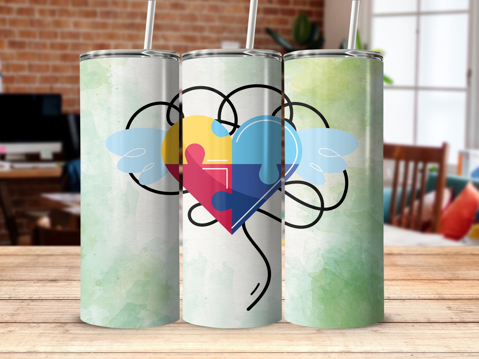 Puzzle Heart Tree Art Tumbler with Colorful Design