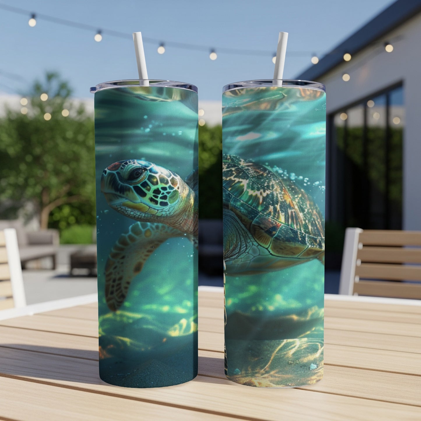 Sea turtle swimming underwater, featured on two insulated tumblers.