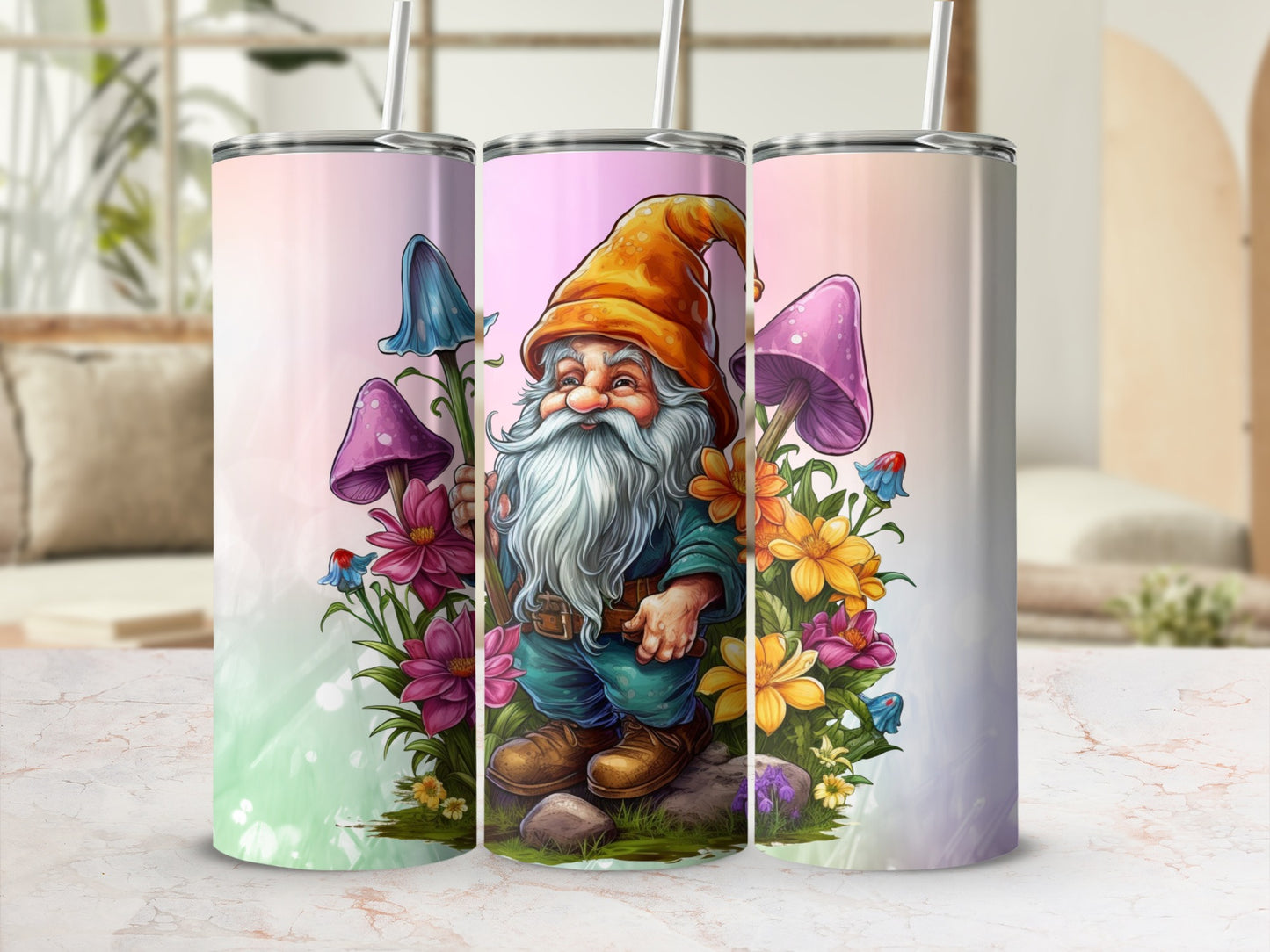 Colorful Gnome With Mushrooms And Flowers Tumbler