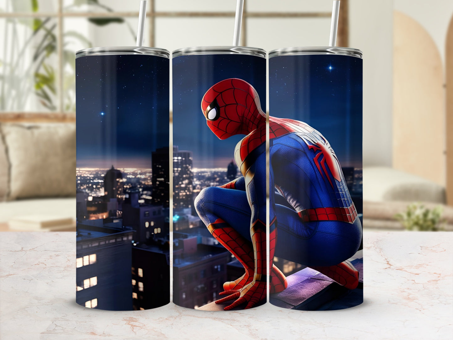 Spiderman crouching on a rooftop at night, cityscape behind him.
