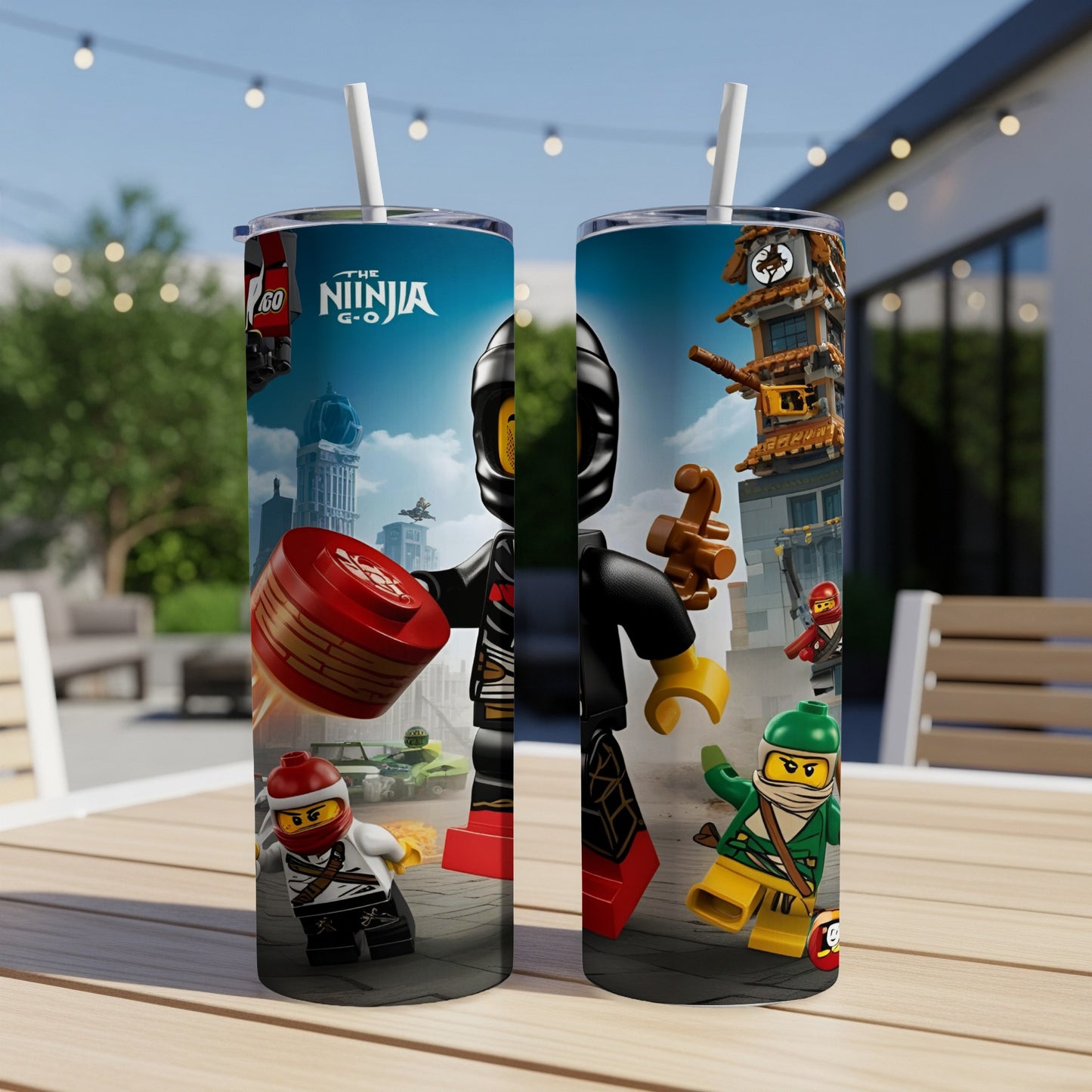 Lego Ninjago characters Kai and Lloyd on a tumbler with a cityscape background.