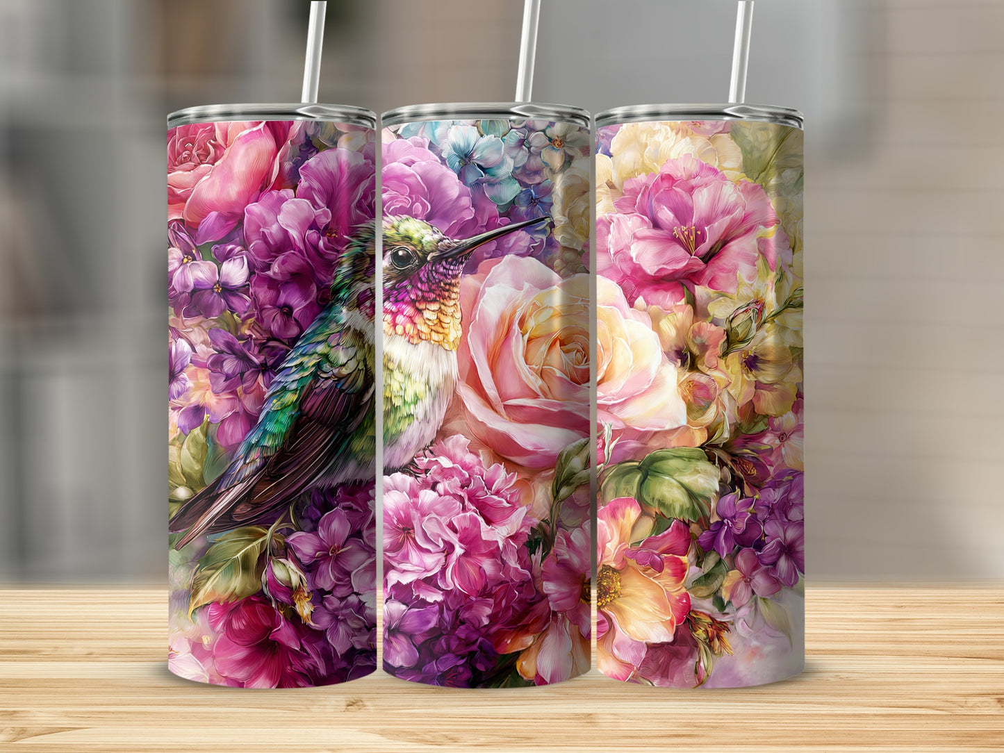 Colorful Floral Tumblers with Hummingbird Design