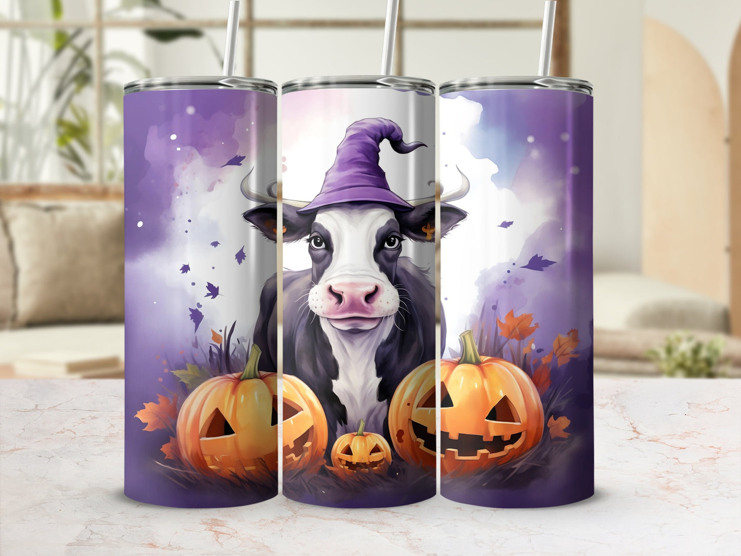 Halloween Cow with Pumpkins Tumbler for Fall Vibes