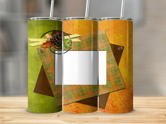 Three textured tumblers with autumn plaid, pinecone, and leaf motifs.