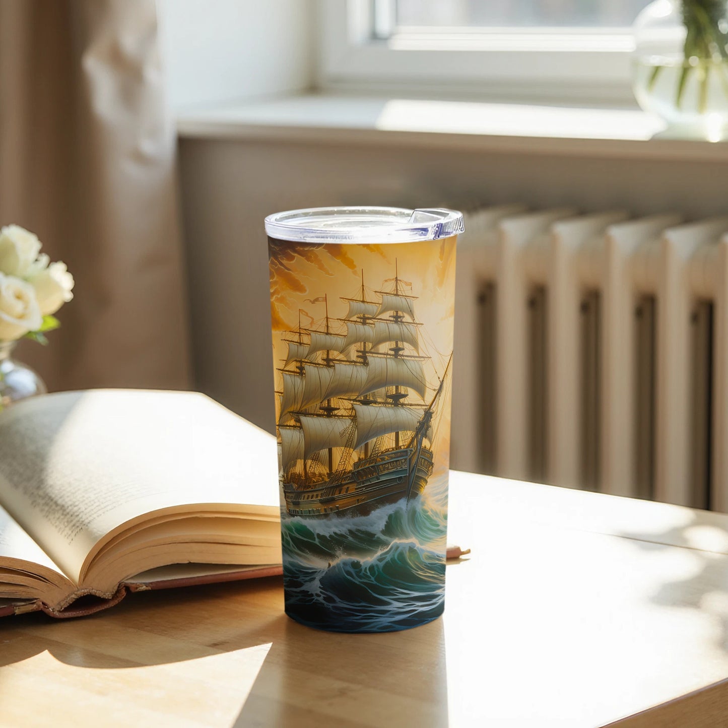 Epic Tall Ship Rough Waves Golden Sky Ocean Beverage product type