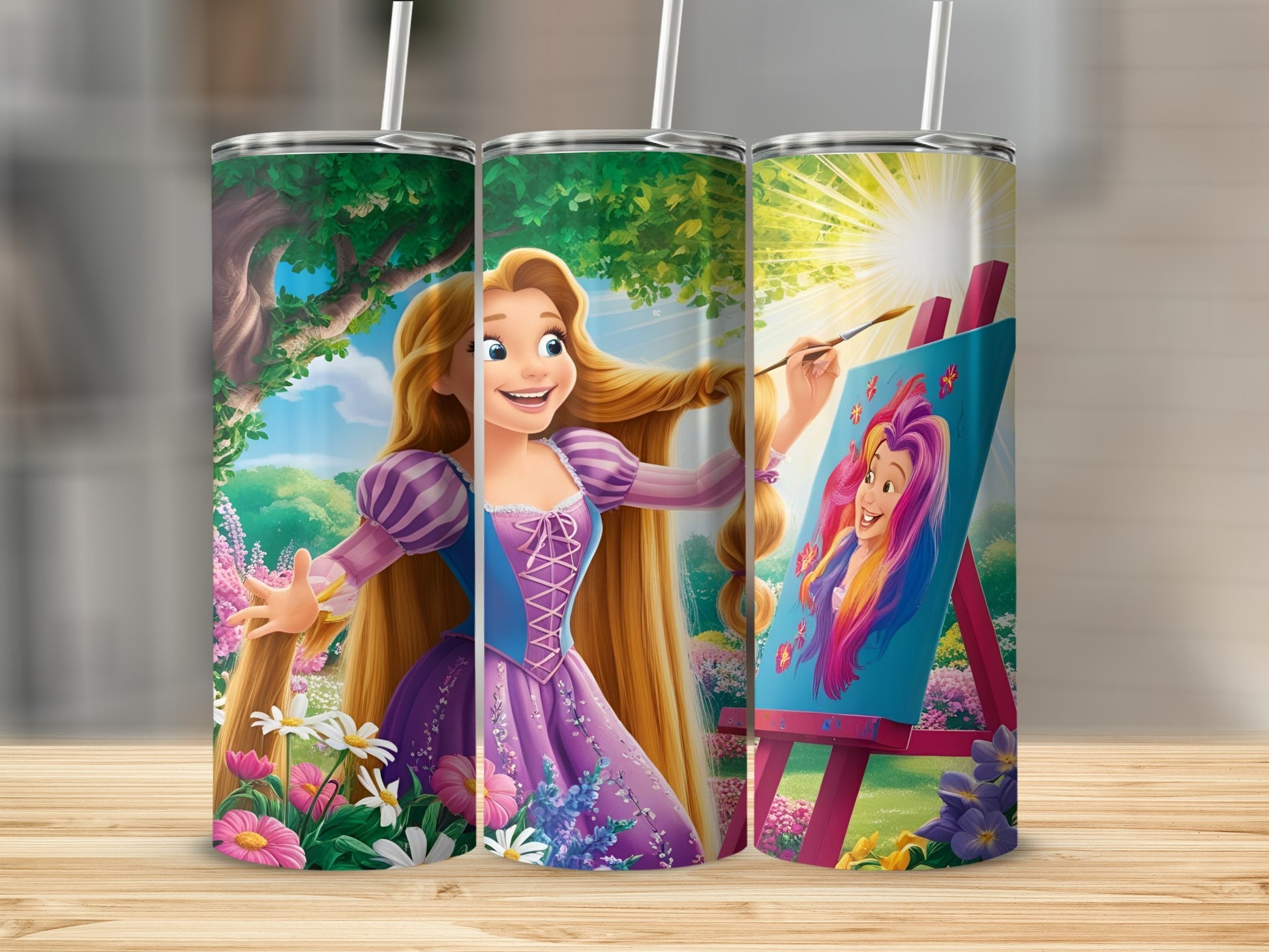 Rapunzel painting a colorful portrait of herself on an easel.