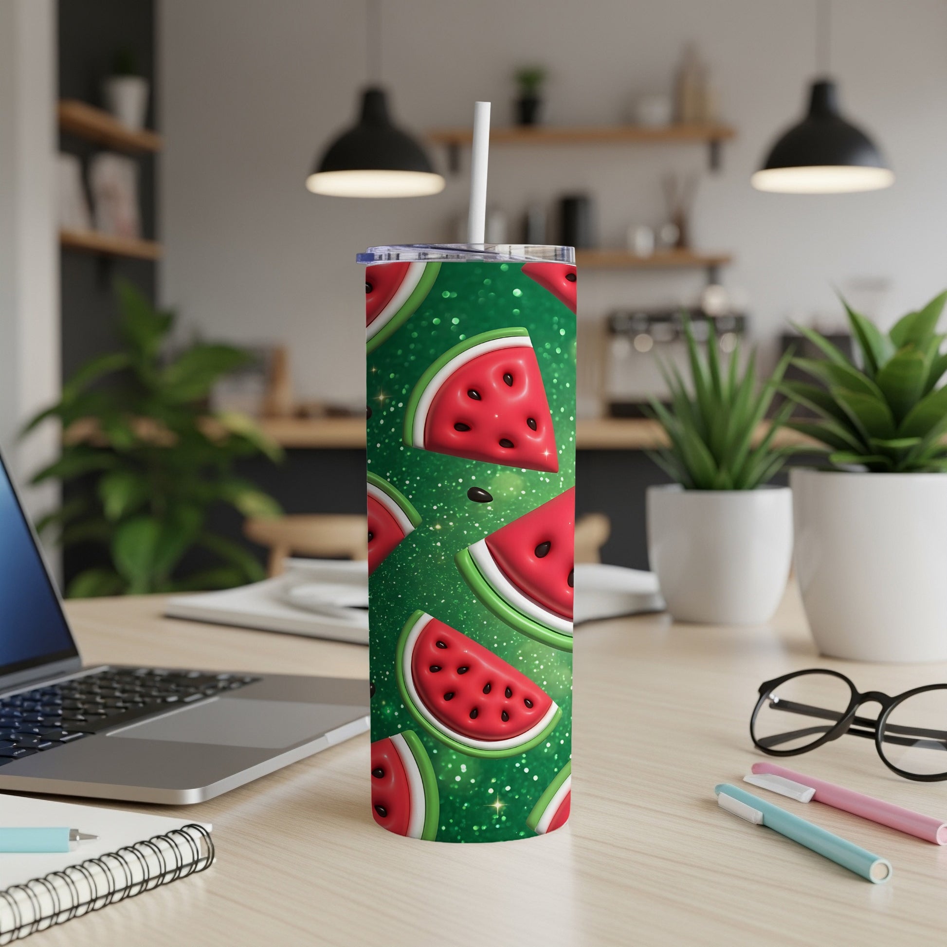 Tumbler with sliced watermelon pattern and green glitter accents.
