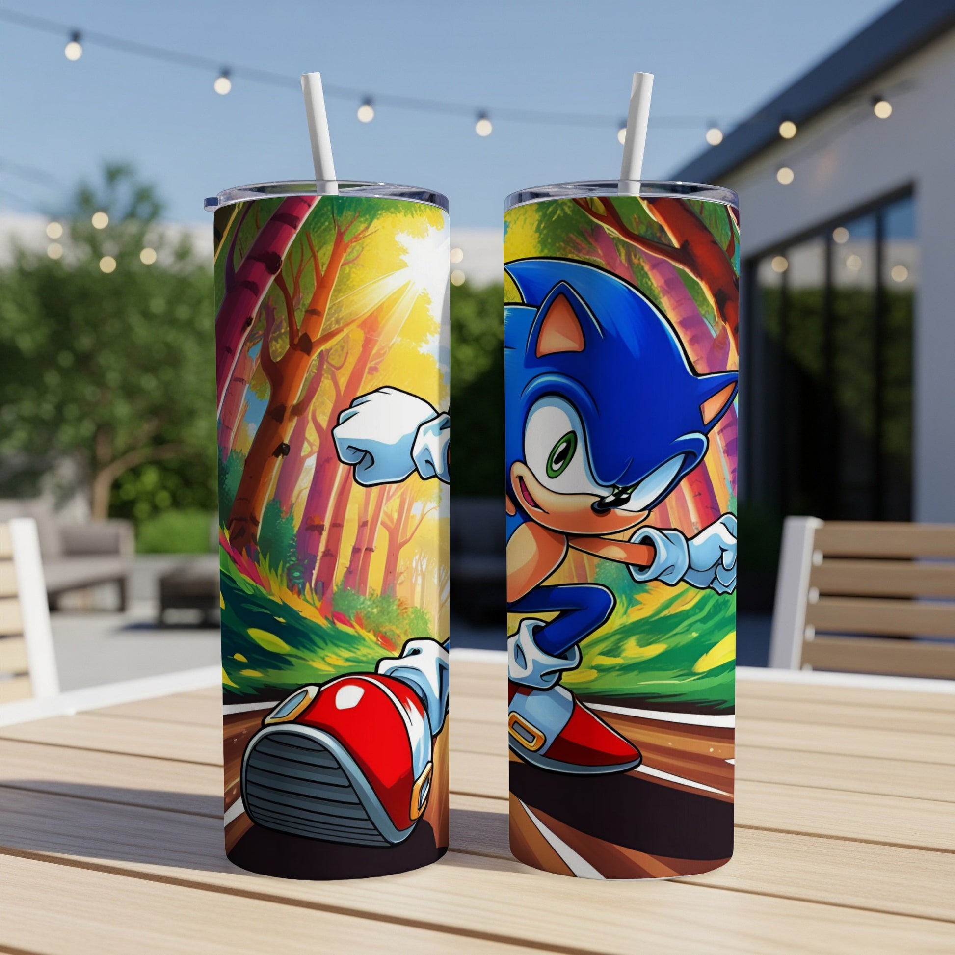 Sonic the Hedgehog running on a path through a colorful forest.