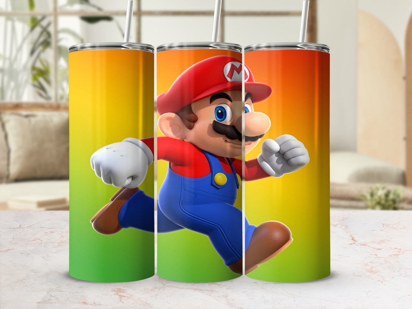 Mario running on a colorful gradient background.