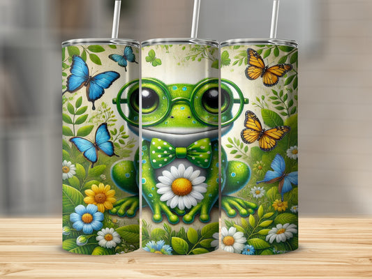 Cute Smiling Frog with Glasses and Butterflies Tumbler