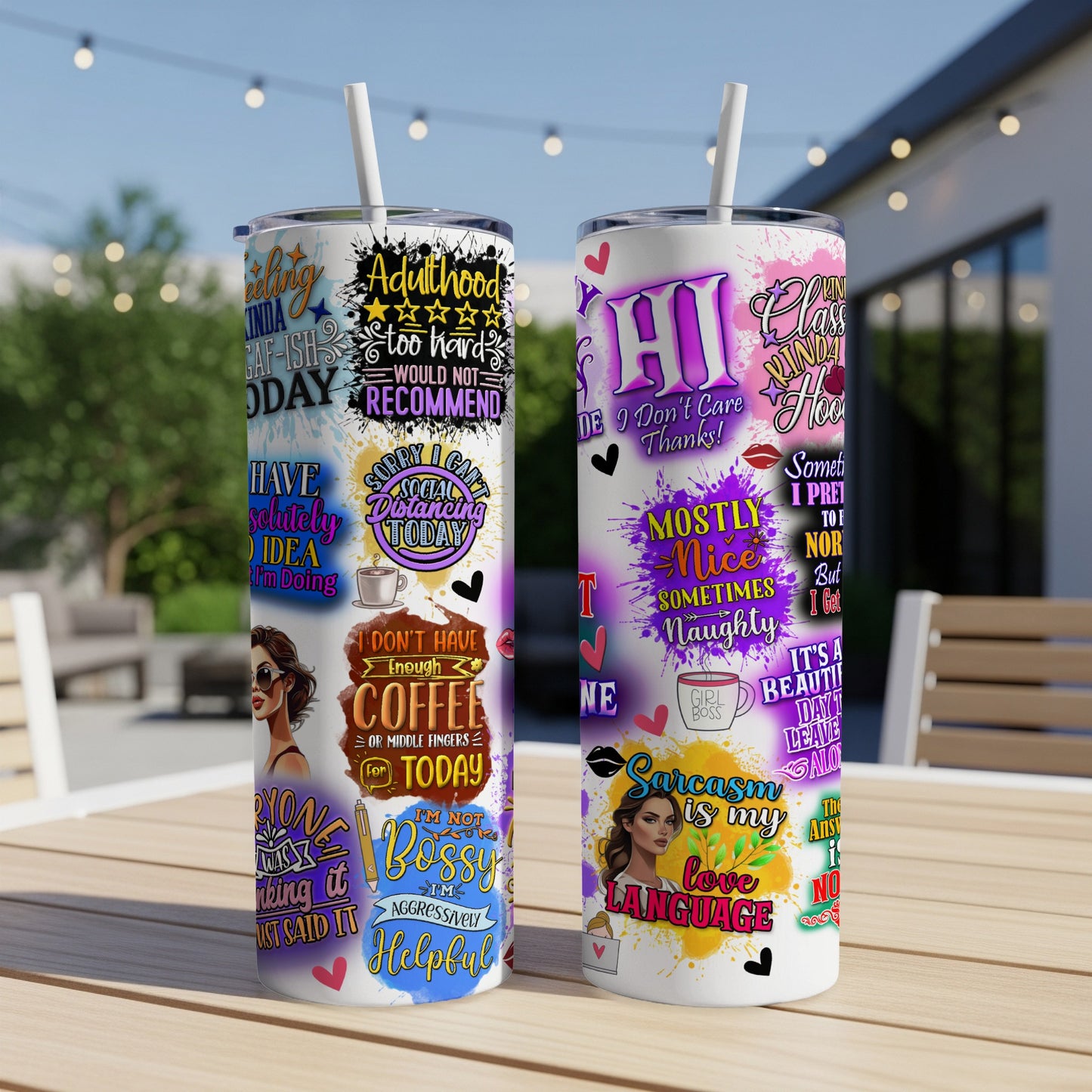 Two tumblers with humorous text about coffee, sarcasm, and social distancing.