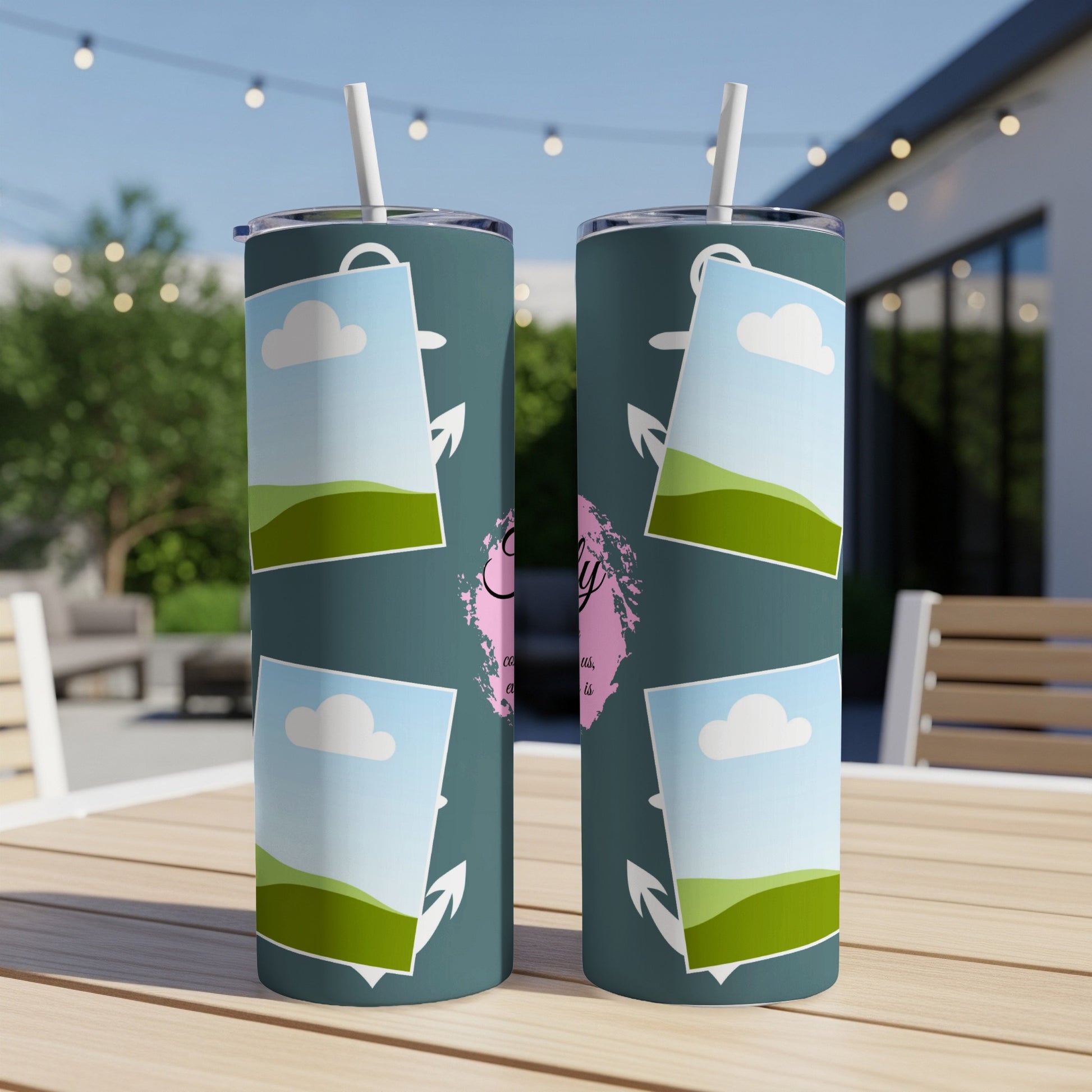 Two tumblers with landscape photo placeholders and anchor graphics.