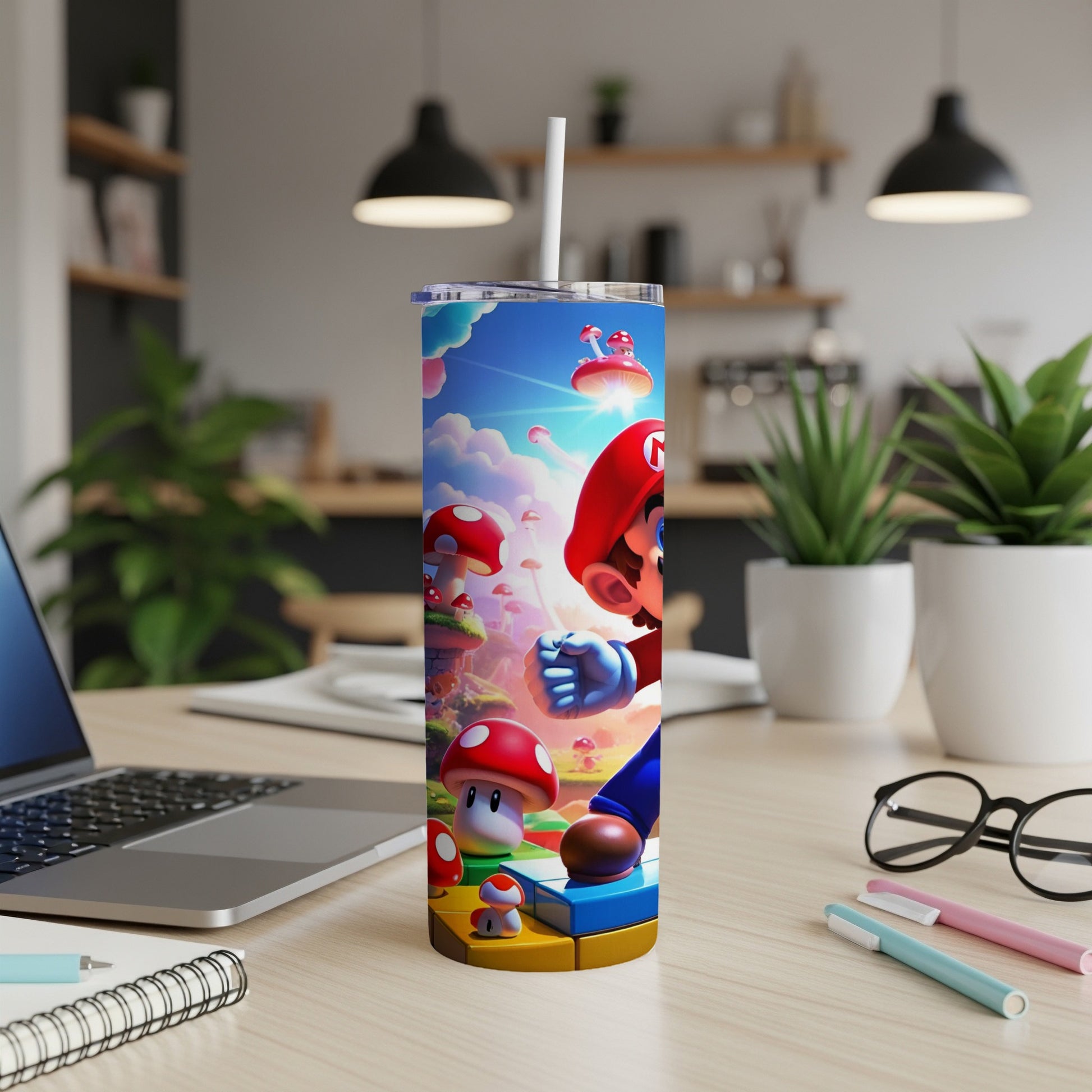 Mario character on a blue tumbler with a mushroom background.