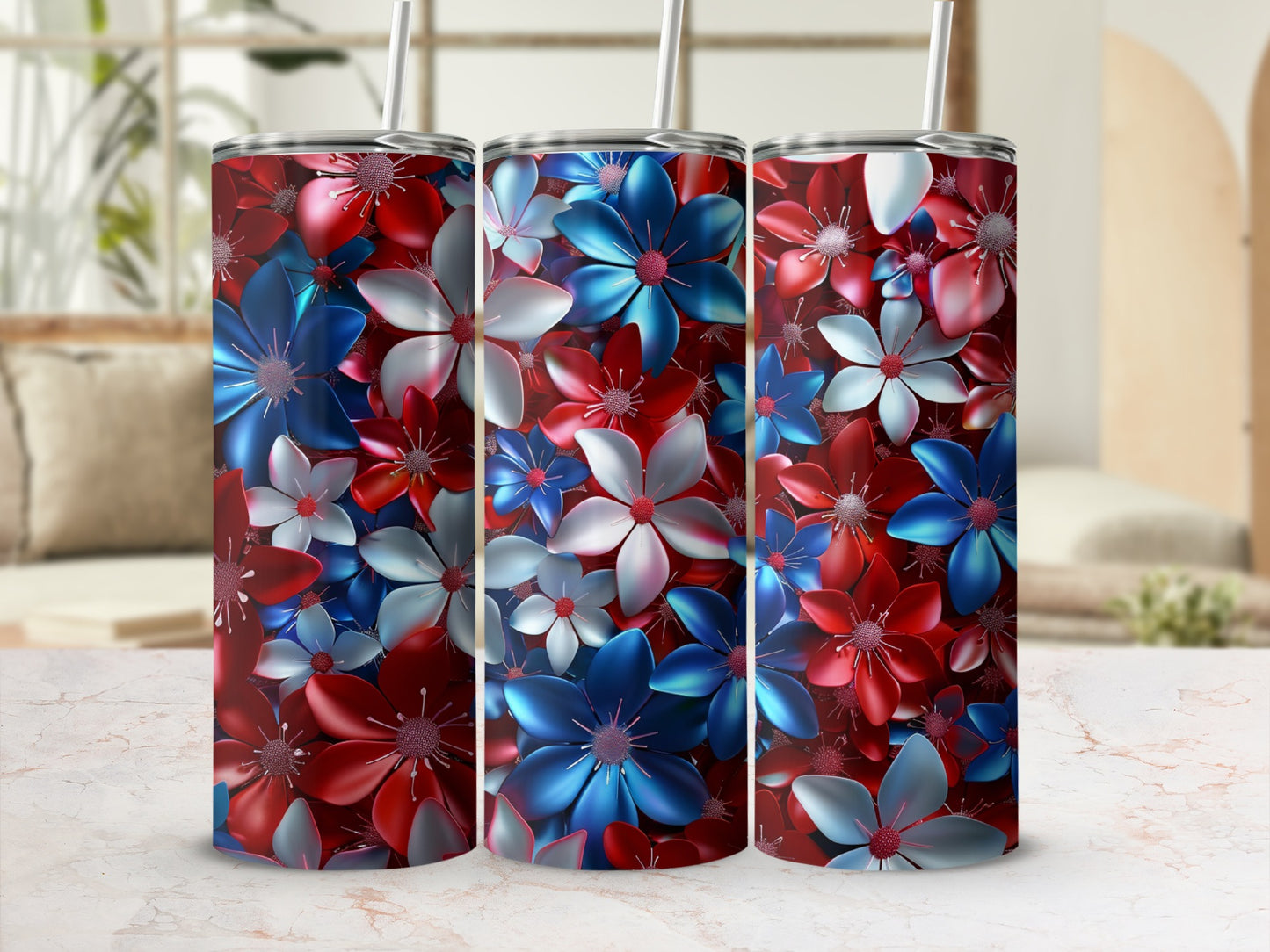 Three tumblers with red, white, and blue floral patterns.