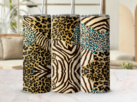 Three patterned tumblers with leopard, zebra, and cheetah prints.