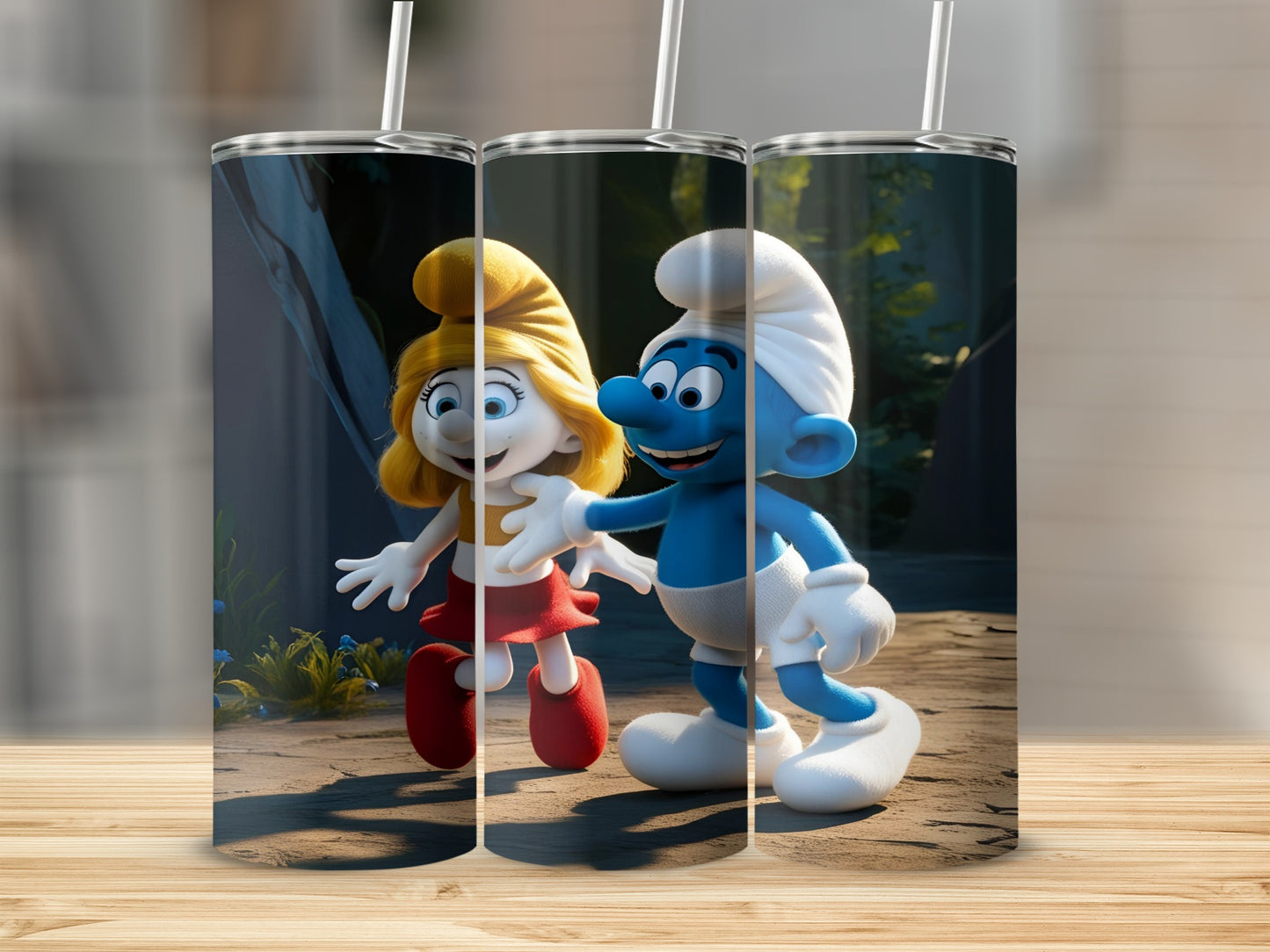Smurfette and Papa Smurf walking together on a path with sunlight.