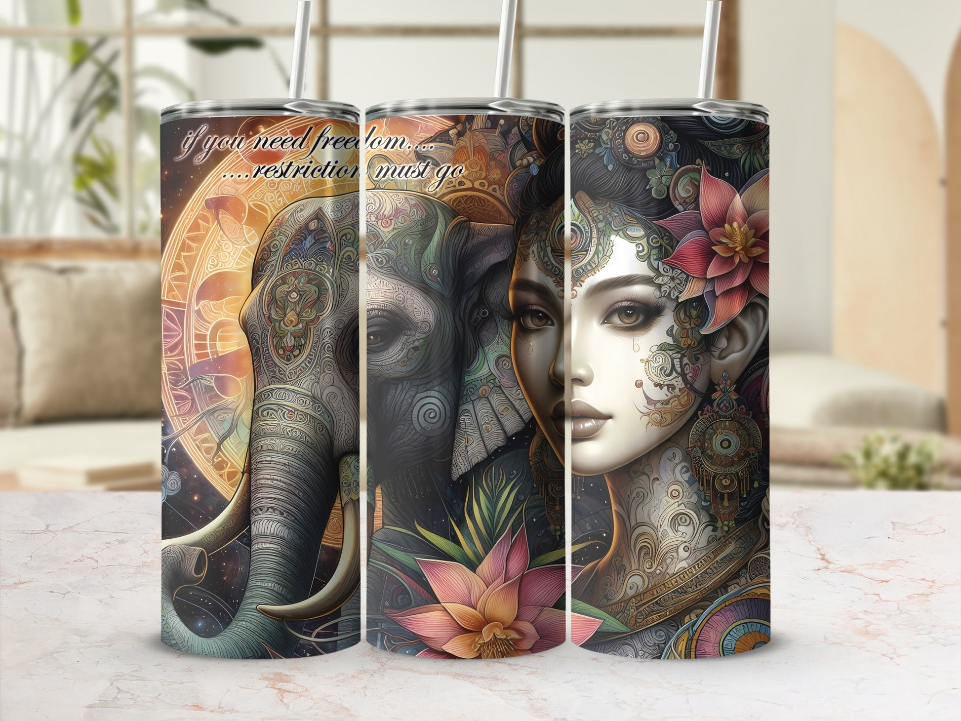 Intricate elephant and woman artwork with floral and mandala designs.