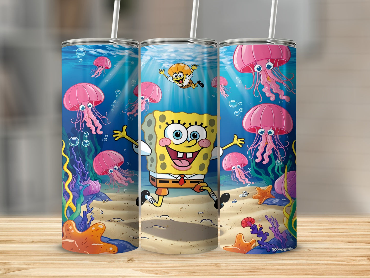SpongeBob SquarePants jumping with jellyfish in an underwater scene.