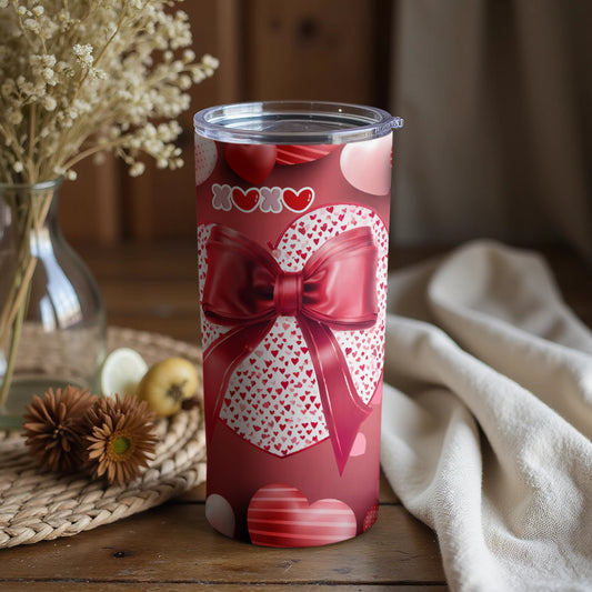 Valentine's Day Gift Tumbler with Heart and Bow Design