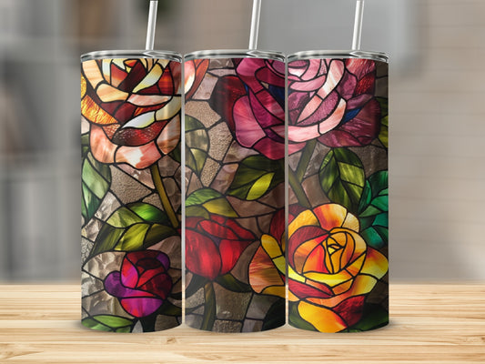 Stained glass roses pattern on a set of three tumblers.