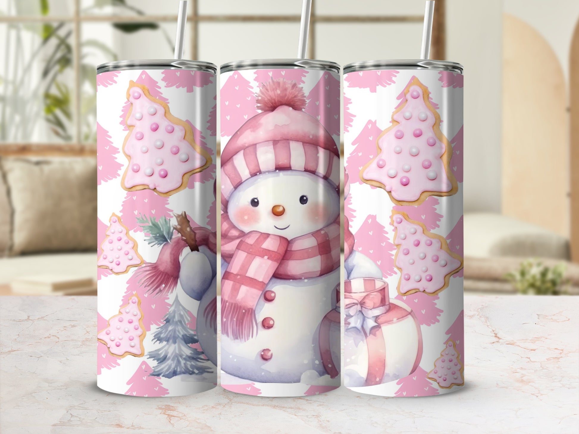 Festive Snowman and Christmas Trees Design Tumbler