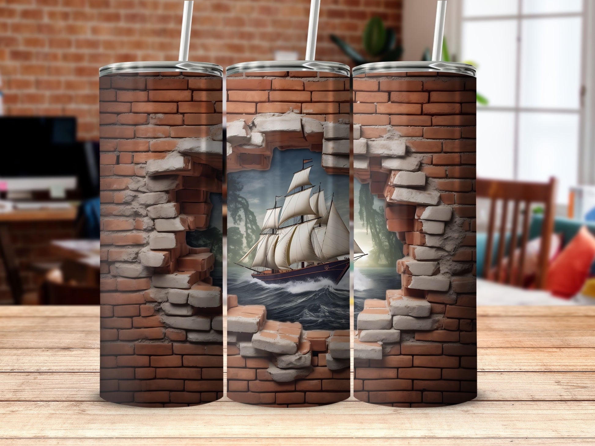 Sailing Ship Through Brick Wall Tumbler Design