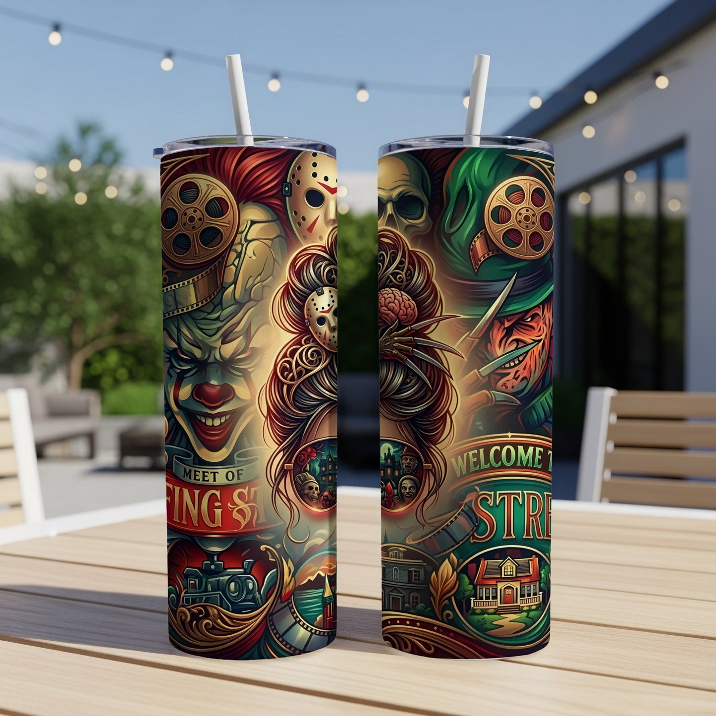 Two tumblers with horror movie characters and film reel designs, one reads "MEET OF" and the other "WELCOME TO".