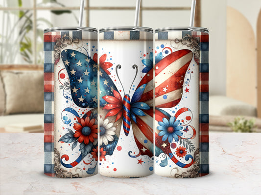 Three tumblers featuring a patriotic butterfly design with red, white, and blue flowers.