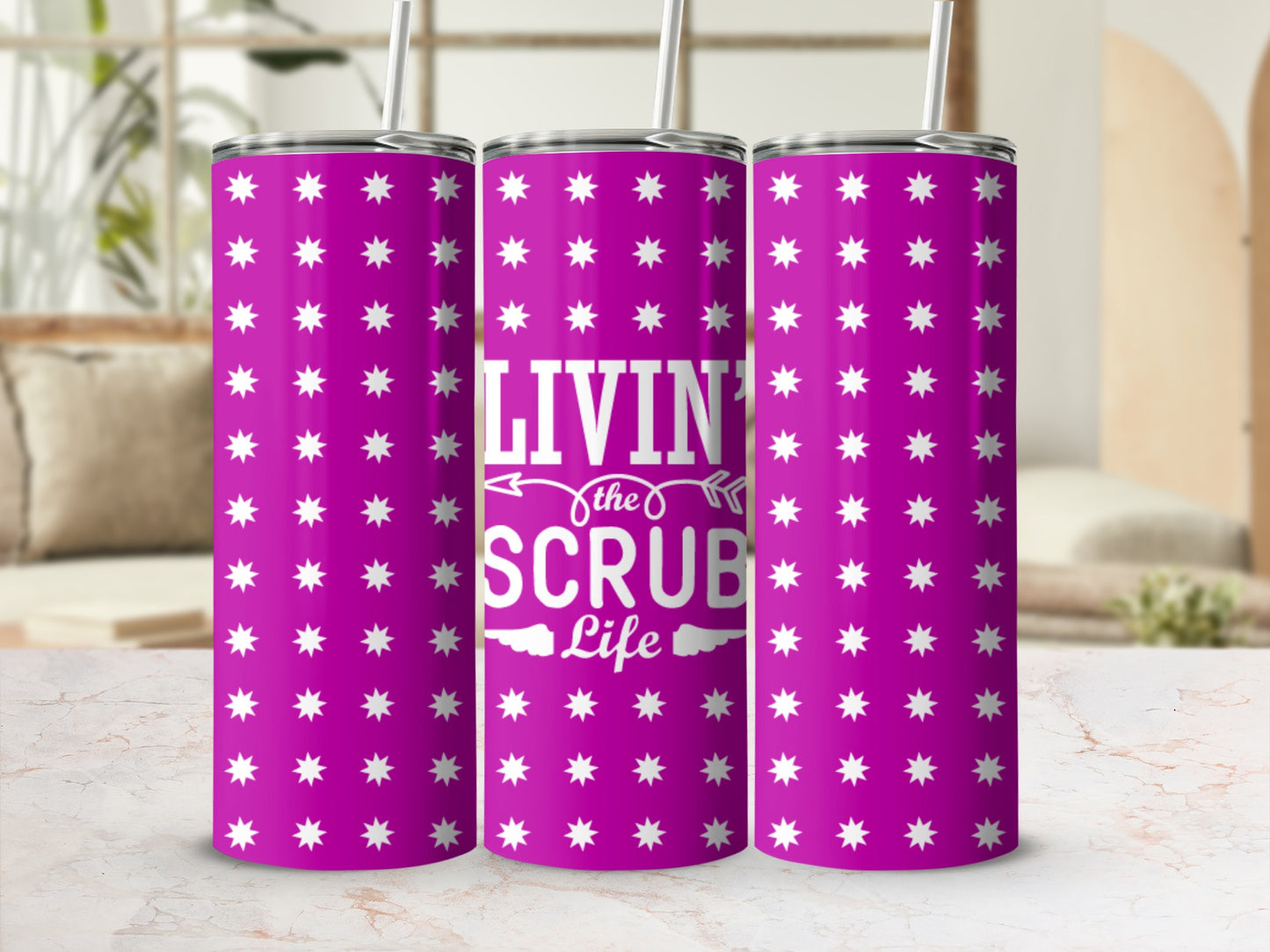 Purple tumbler with white stars and text "Livin' the Scrub Life".