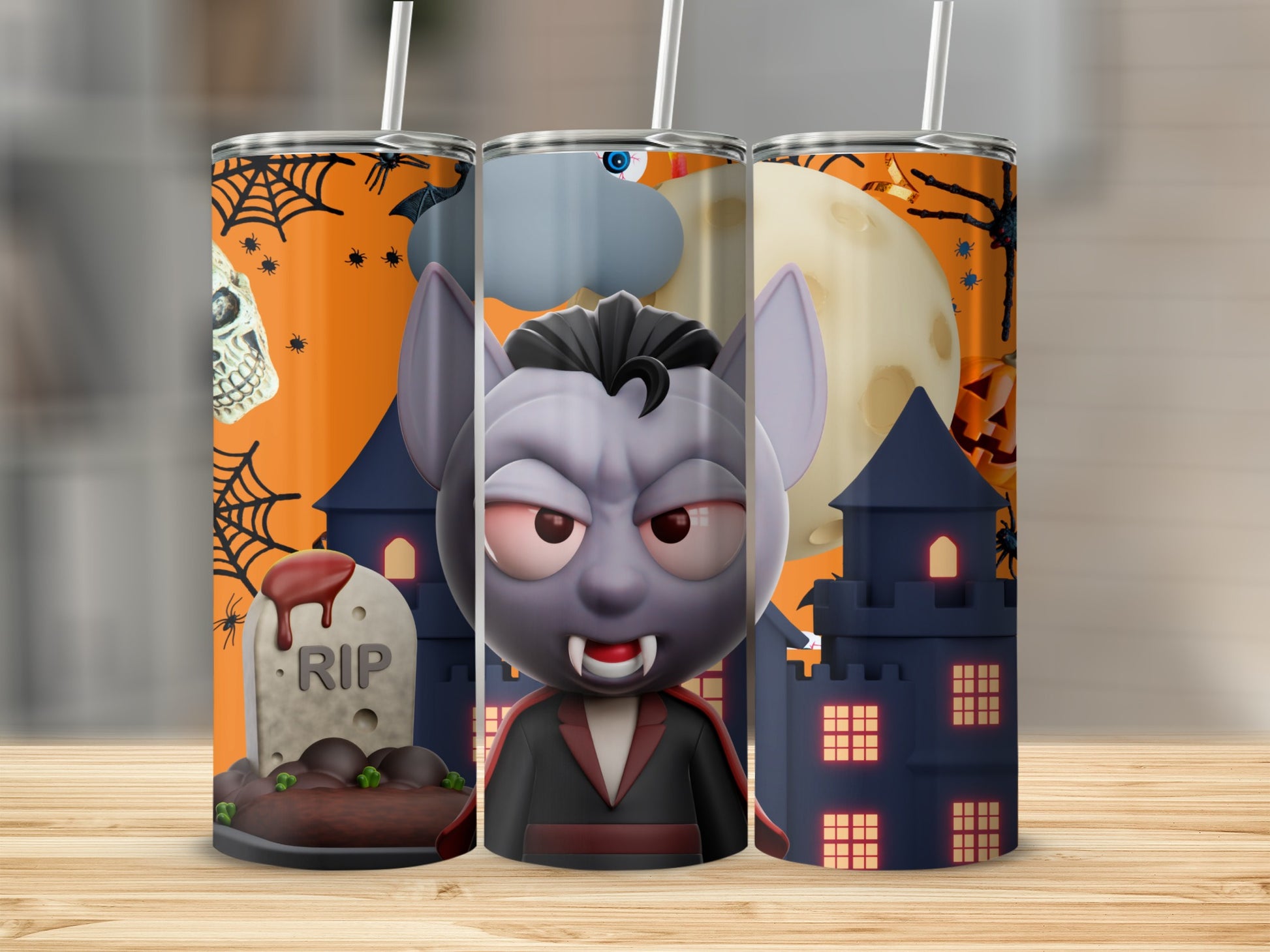 Halloween tumblers featuring a cartoon vampire, tombstone, castle, and spooky elements.