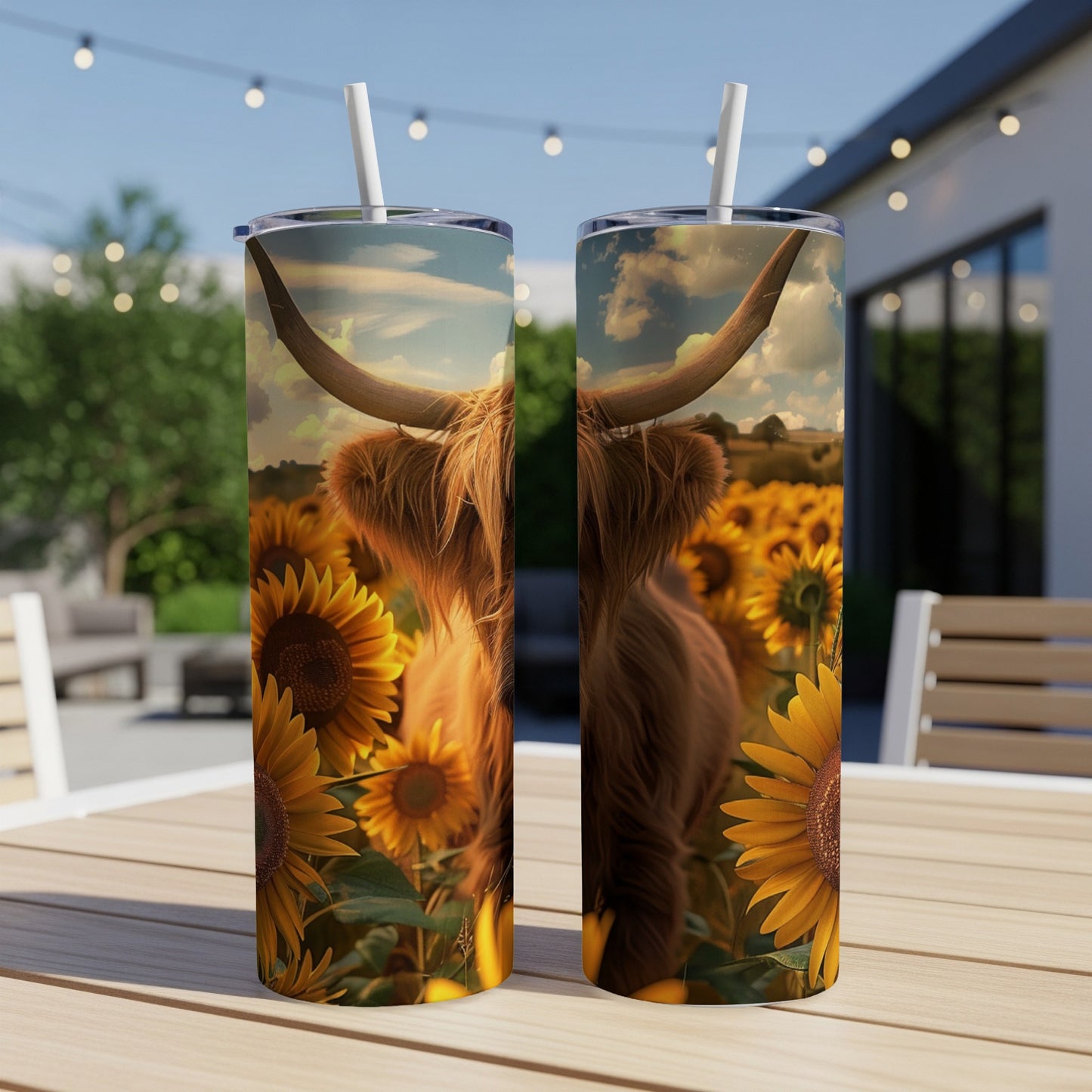 Highland cow and sunflowers on a sublimation tumbler.