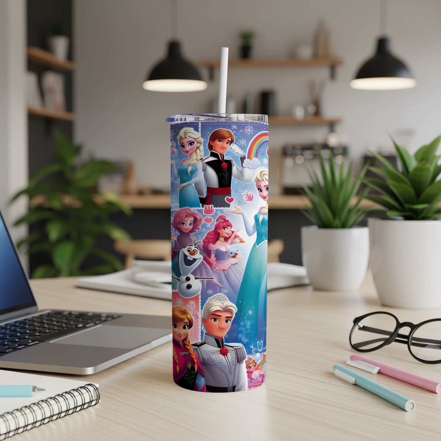 Tall tumbler featuring characters from Disney's Frozen and other fairy tales.