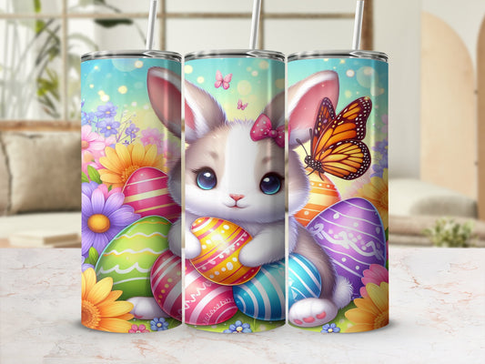 Cute bunny with butterfly and colorful Easter eggs.