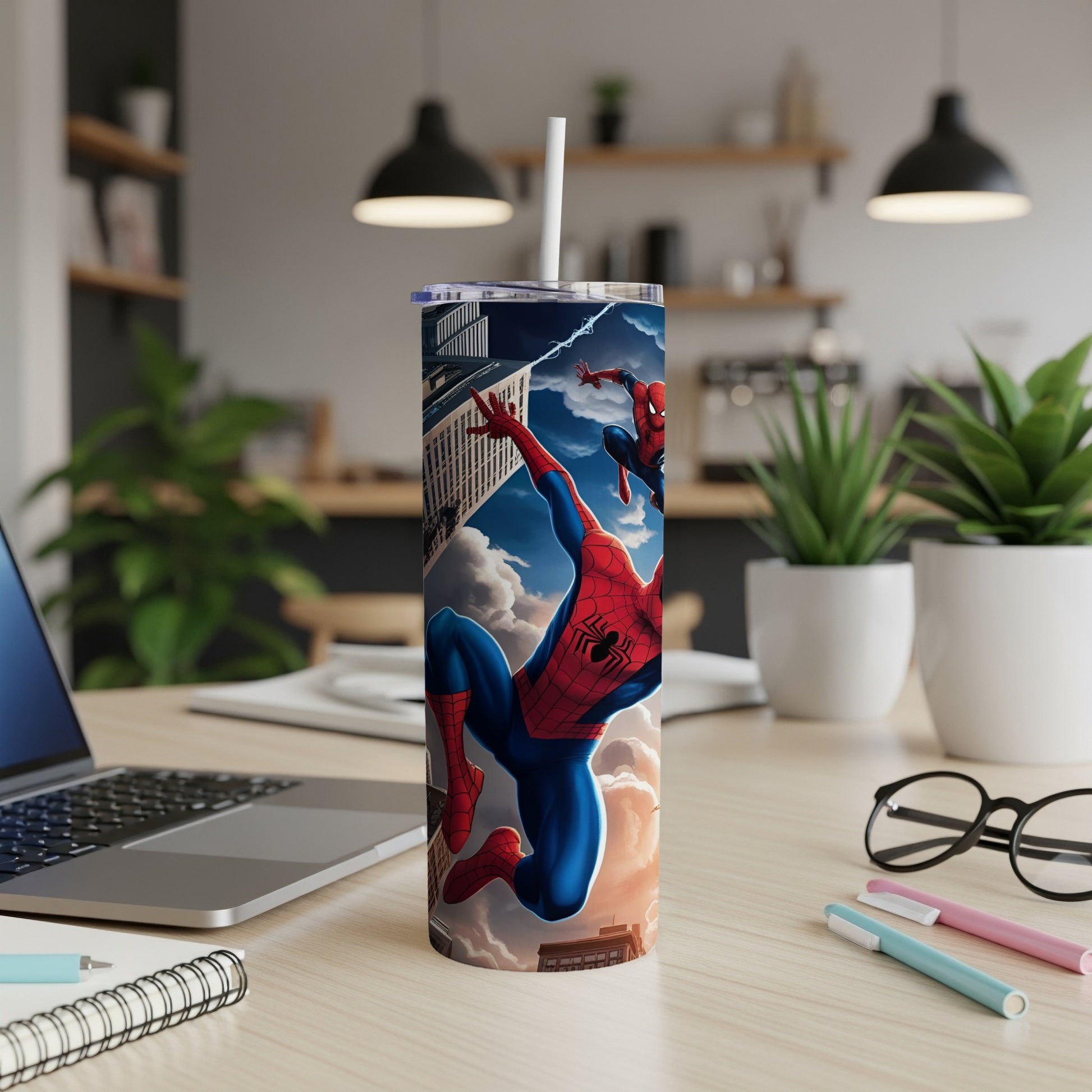 Spider-Man swings between buildings in a comic art style on a tumbler.