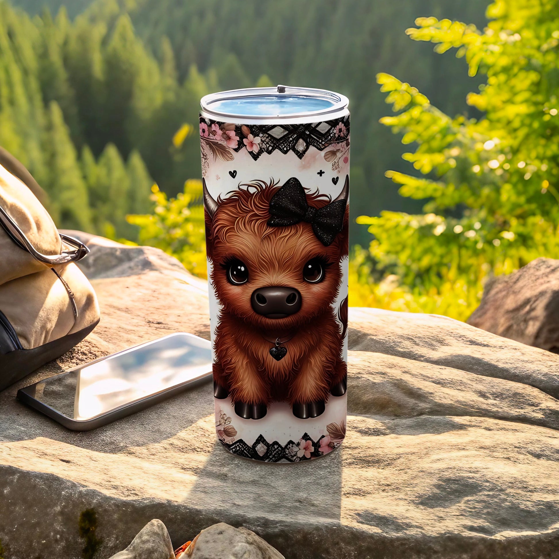 Cute Highland Cow Tumbler with Bow and Floral Design