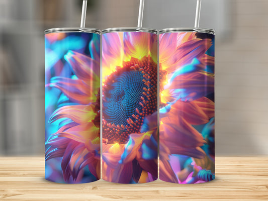 Three tumblers with a vibrant, close-up sunflower design.