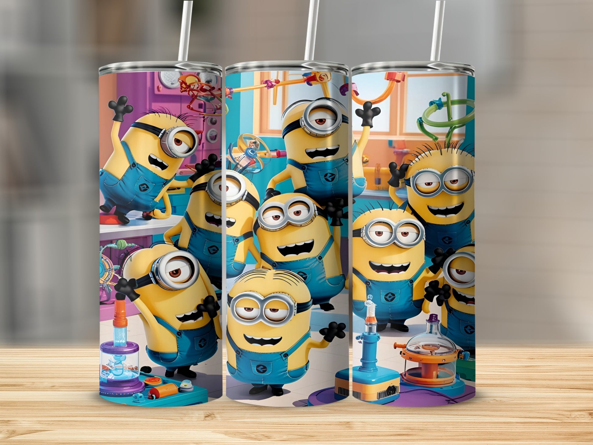 Minions in overalls with lab equipment, printed on three tumblers.