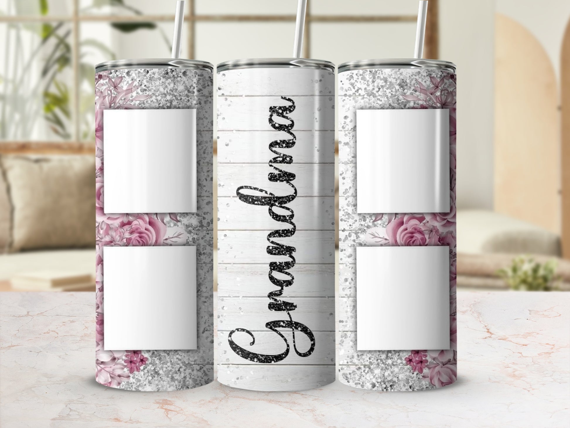Three tumblers with floral patterns and "Grandma" text, featuring blank photo frames.