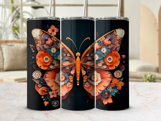 Ornate Floral Butterfly Design Tumbler product type
butterfly, floral, orange, blue, black, tumbler, drinkware, quilling art, paper cut, intricate design, nature inspired, flower butterfly, unique pattern, beverage holder, gift idea, artistic, elegant, colorful, insect art, abstract floral
