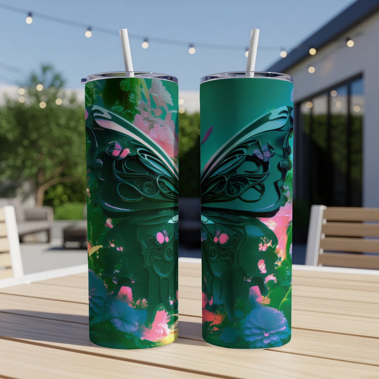 Two teal tumblers with iridescent butterfly wings and floral accents on a patio table.